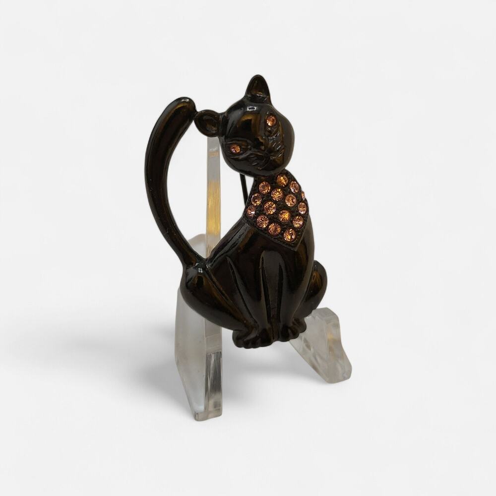 Vintage Black Cat Brooch Pink Rhinestones 1.75 Inch